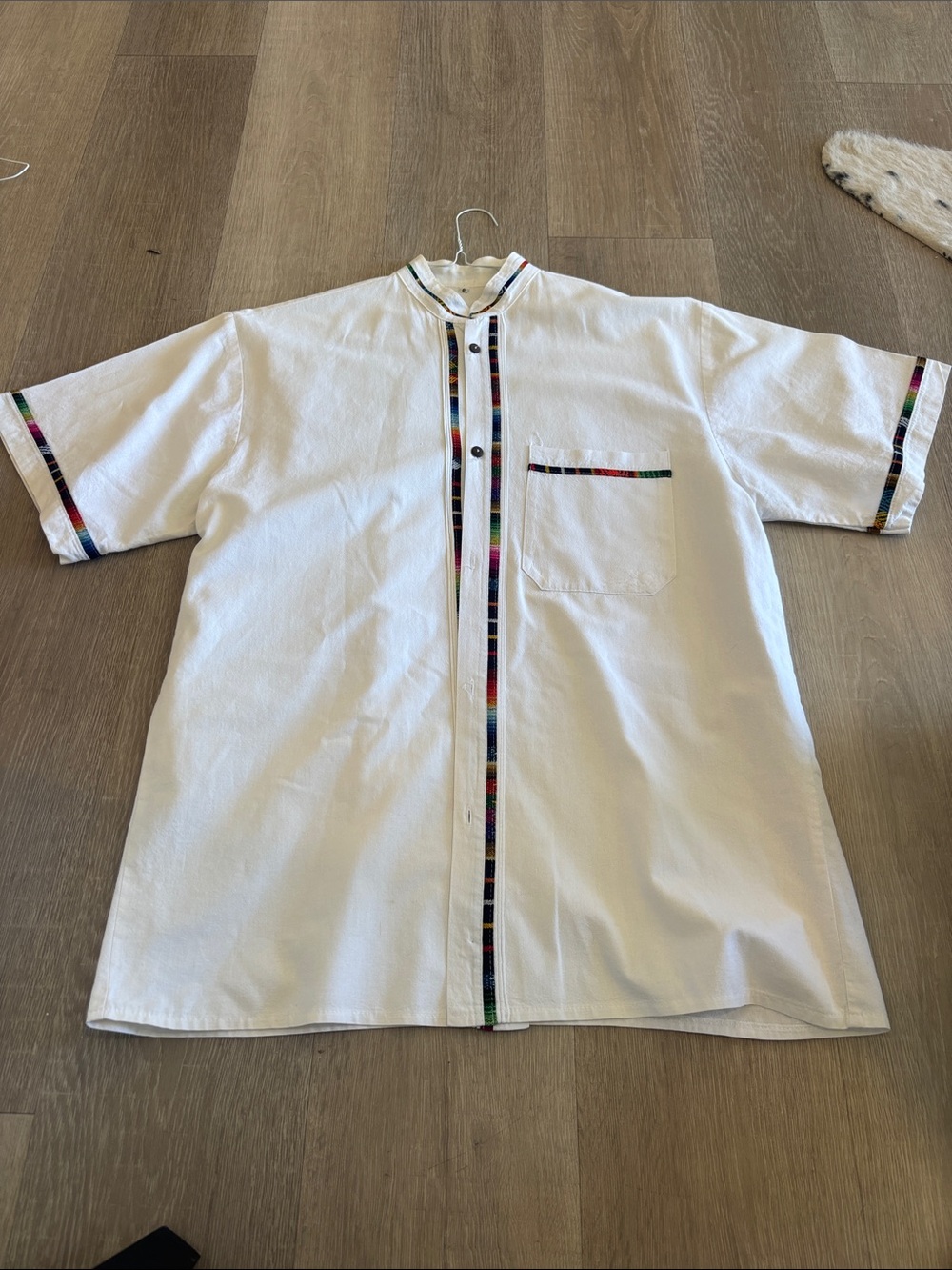Men's White Short-Sleeve Button Shirt with Multicolor Trim